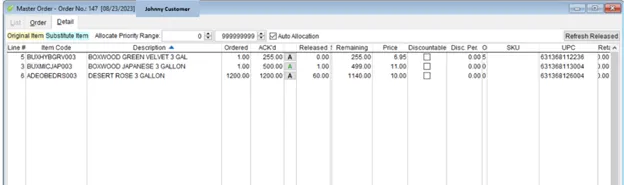 Example Master order line item summary screen – GrowPoint 23.33